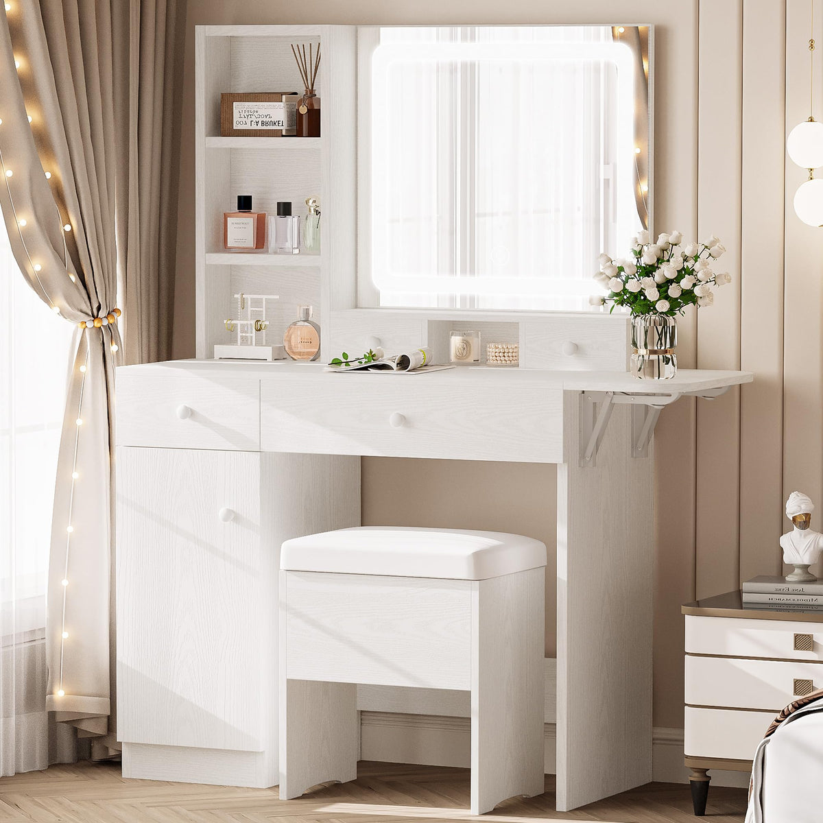 Vanity Desk with Charging Station and Storage I93554