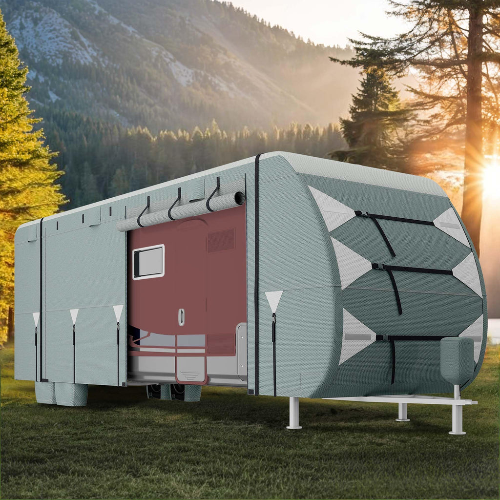 24-27FT Waterproof 7-Layer Camper Cover with Tongue Jack Cover, Tire Covers, Gutter Covers W601