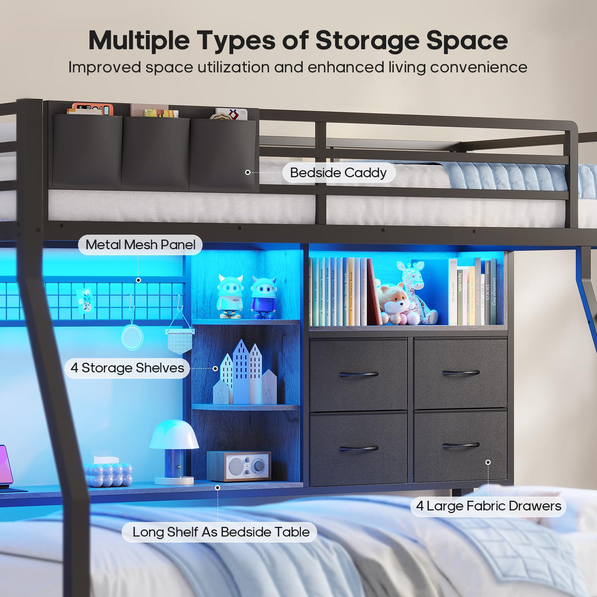 Black Twin Over Twin Bunk Bed with Charging Station & LED Lights D601