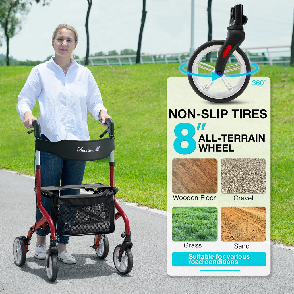 Lightweight Foldable Rollator Walker with Seat and 8" Rubber Wheels H778