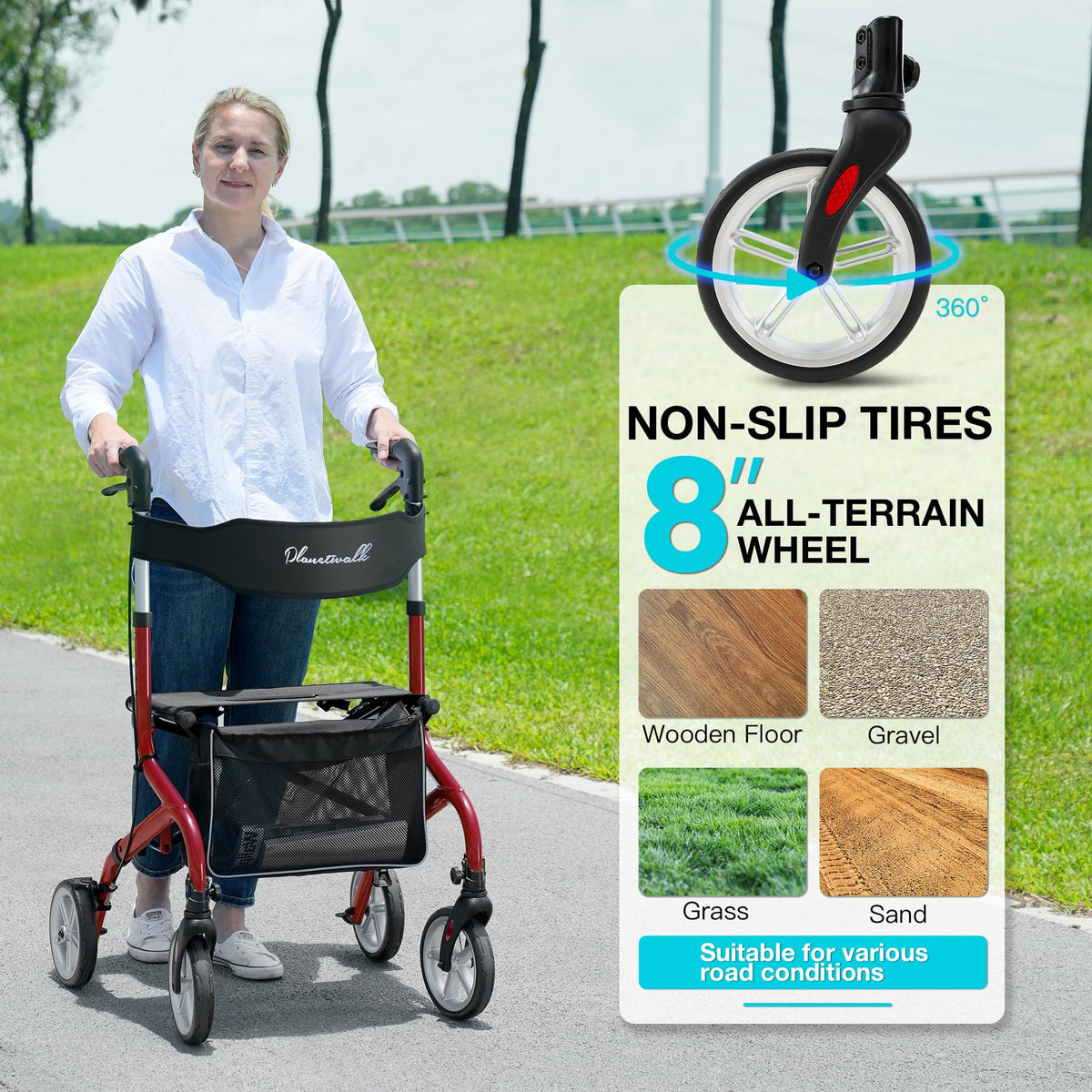 Lightweight Foldable Rollator Walker with Seat and 8" Rubber Wheels H778