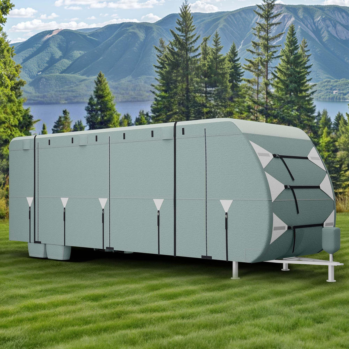 24-27FT Waterproof 7-Layer Camper Cover with Tongue Jack Cover, Tire Covers, Gutter Covers W601