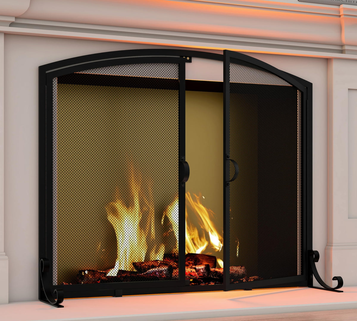 Arched Metal Fireplace Screen 2-Panel Spark Guard P7289