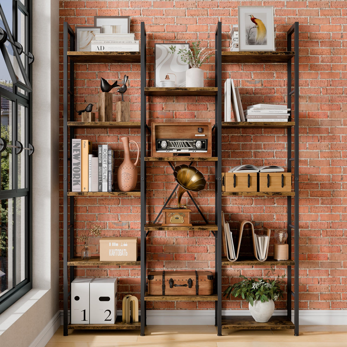 5 Tier Metal Bookshelf with Rustic Brown Shelves A95646
