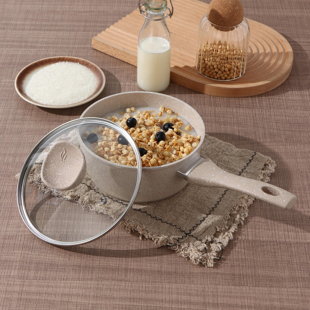 13-Piece Beige Marble Coated Non-Stick Cookware Set with Glass Lids M523000