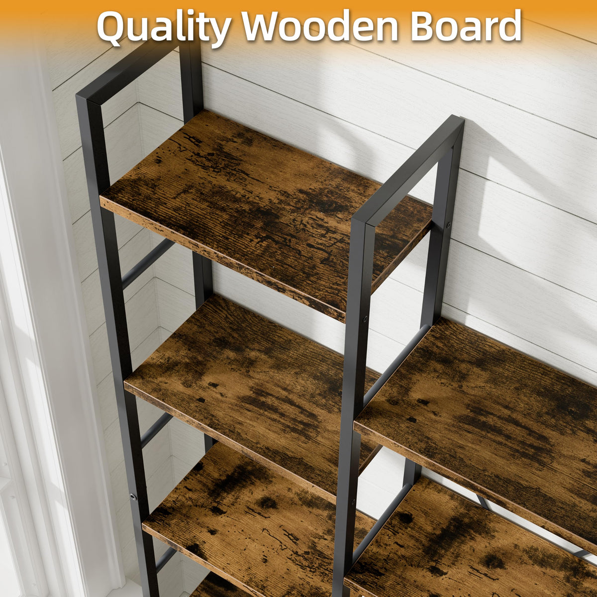 5 Tier Metal Bookshelf with Rustic Brown Shelves A95646