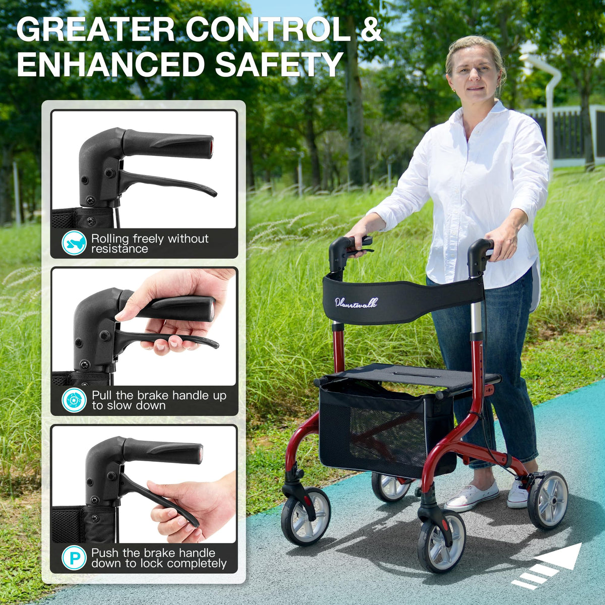 Lightweight Foldable Rollator Walker with Seat and 8" Rubber Wheels H778