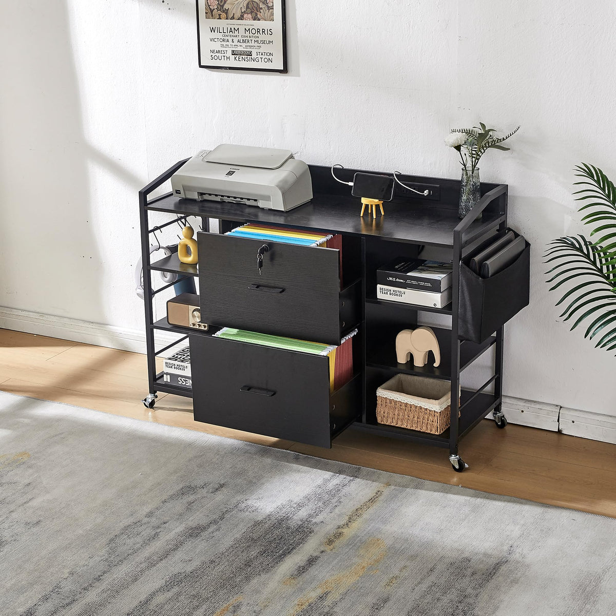 45" Black 2 Drawer File Cabinet with Lock and Power Outlet W5893