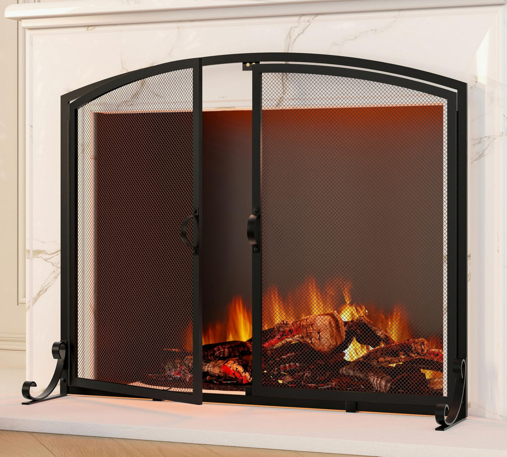 Arched Metal Fireplace Screen 2-Panel Spark Guard P7289