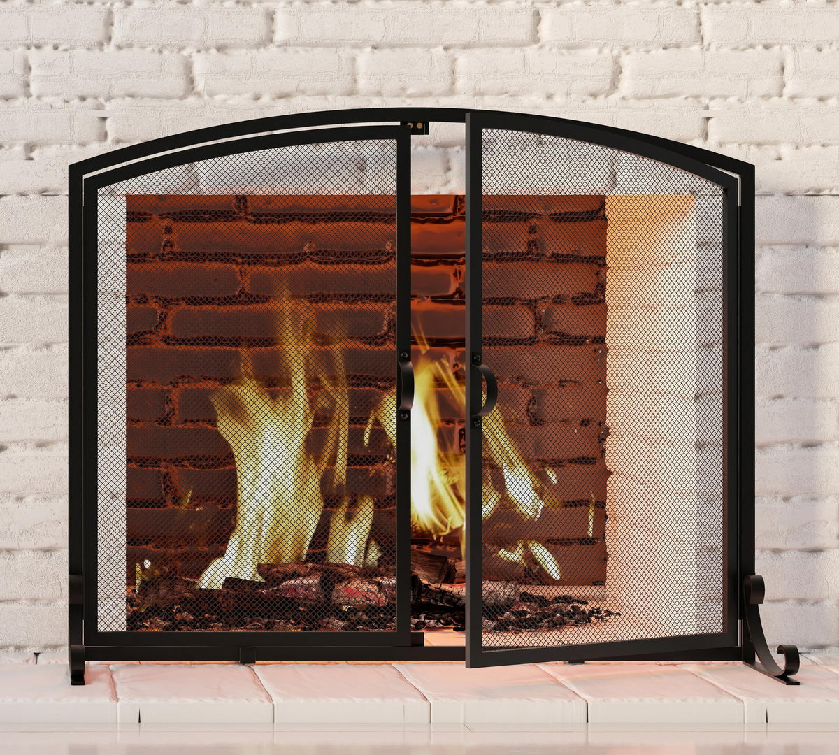 Arched Metal Fireplace Screen 2-Panel Spark Guard P7289