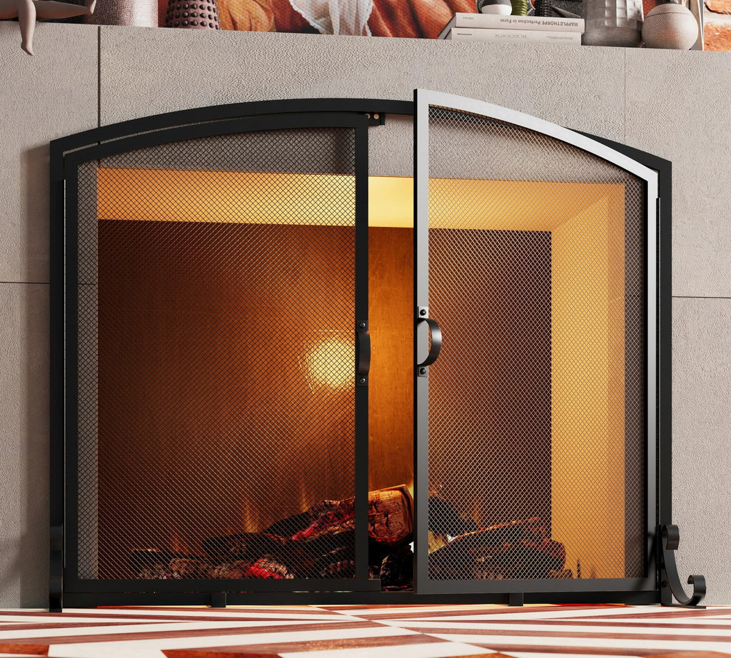 Arched Metal Fireplace Screen 2-Panel Spark Guard P7289