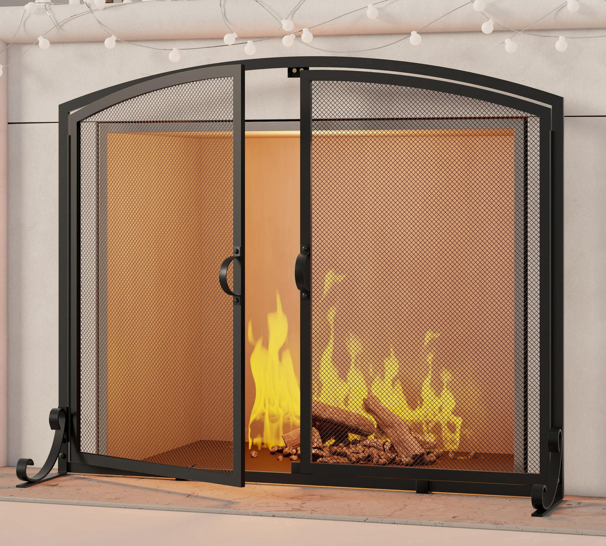 Arched Metal Fireplace Screen 2-Panel Spark Guard P7289